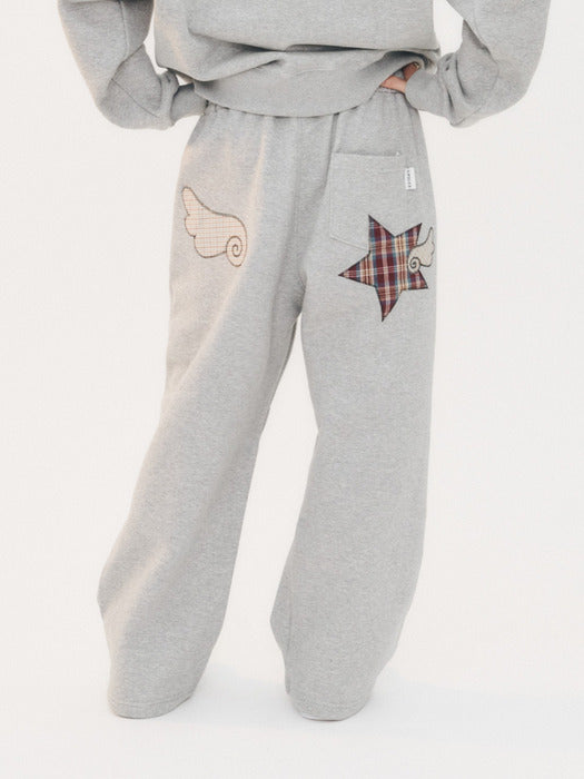 [ambler] Angel Star Patch Pants One-tuck String Wide Sweat Pants AP903 (Melange)