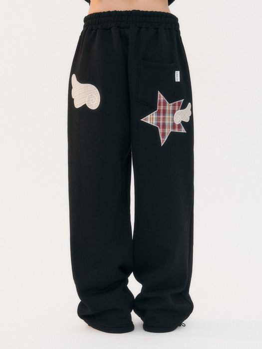 Ambler Angel Star Patch Pants One-tuck String Wide Sweat Pants (Black)