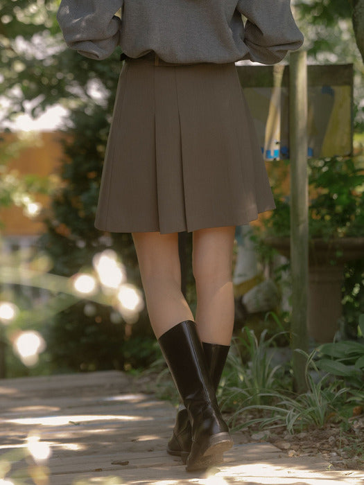 [TILLIDIE] Belted Pleated Skirt_Mocha