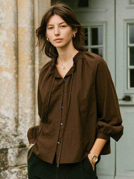 [TILLIDIE] Embo tie volume blouse TIFA03BL10_Brown