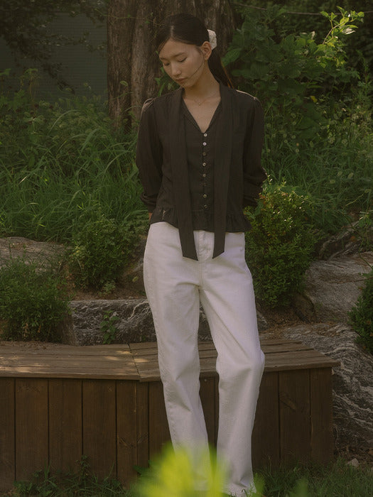 [TILLIDIE] Crinkle textured tie blouse TIFA03BL04_Charcoal