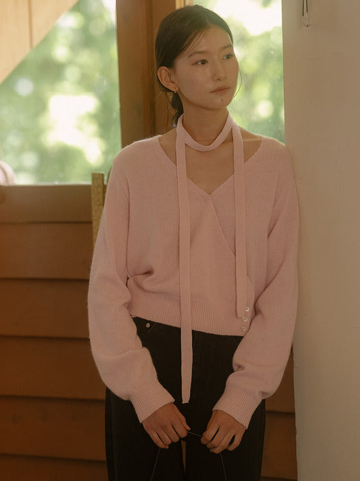 [TILLIDIE] Tie set raccoon wrap cardigan_Pink