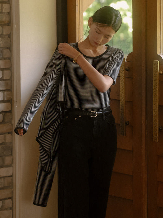 [TILLIDIE] Stripe t-shirt cardigan set TIFA03CD08_Black