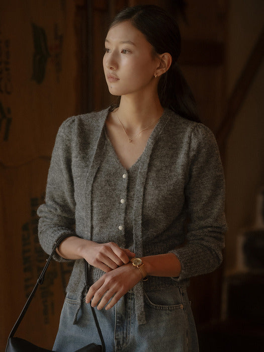 [TILLIDIE] Tie point v-neck knit TIFA03CD07_Dark gray