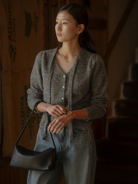 [TILLIDIE] Tie point v-neck knit TIFA03CD07_Dark gray