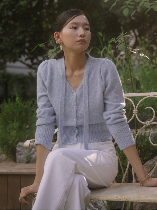 [TILLIDIE] Tie point v-neck knit TIFA03CD06_Sky blue