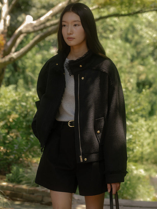 [TILLIDIE] High neck tweed blouson TIFA03JP08_Black