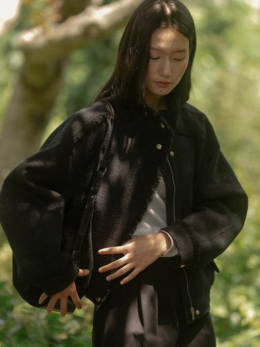 [TILLIDIE] High neck tweed blouson TIFA03JP08_Black