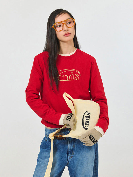 [emis] (W) LONG SLEEVE CHAIN STITCH T-SHIRT-RED