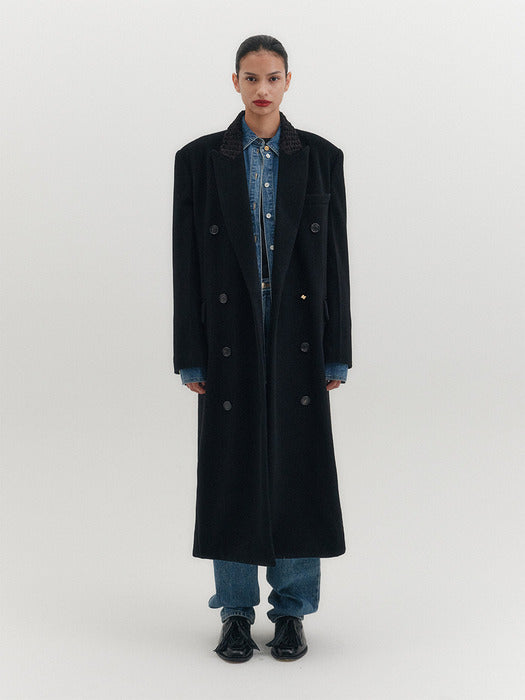 Eenk Contrast Collar Double Breasted Coat - Black B for Binding
