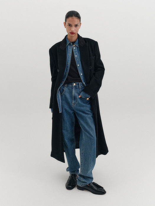 Eenk Contrast Collar Double Breasted Coat - Black B for Binding