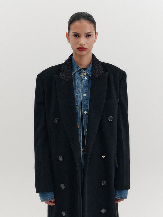 Eenk Contrast Collar Double Breasted Coat - Black B for Binding