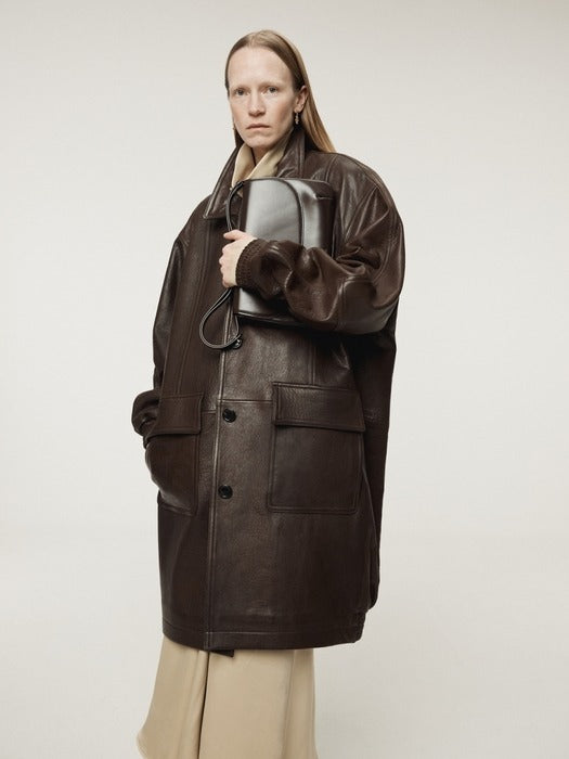 [recto] OVERSIZED LEATHER COAT (DARK BROWN)