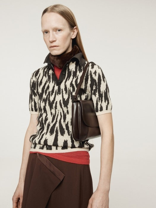 Recto Leopard Jacquard Polo Knit Top (Dark Brown)