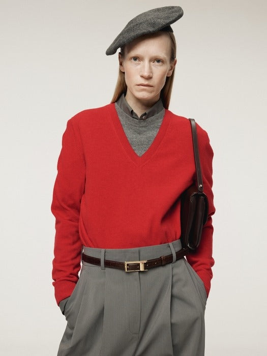 [recto] CONTRAST LAYERED V-NECK KNIT TOP (RED)