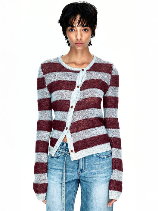 [MARGESHERWOOD] 55 MOHAIR STRIPE CARDIGAN_burgundy/grey