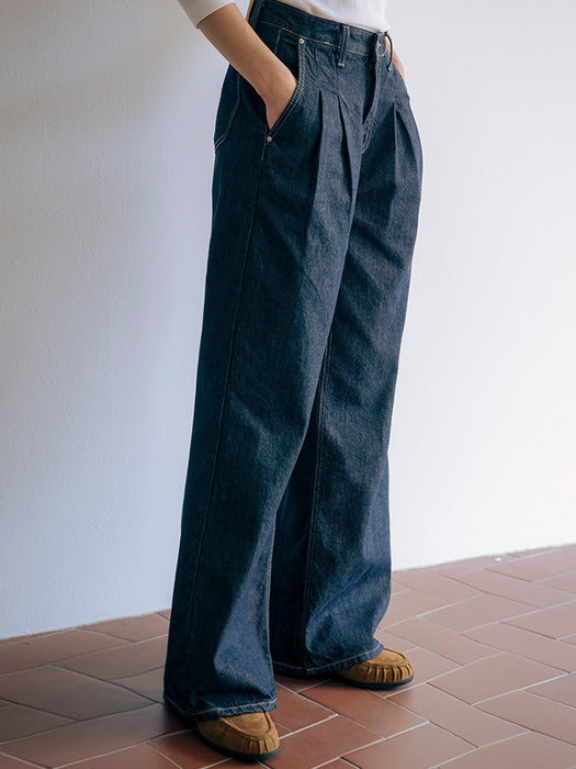 Tillidie Textured non fade wide denim pants Indigo