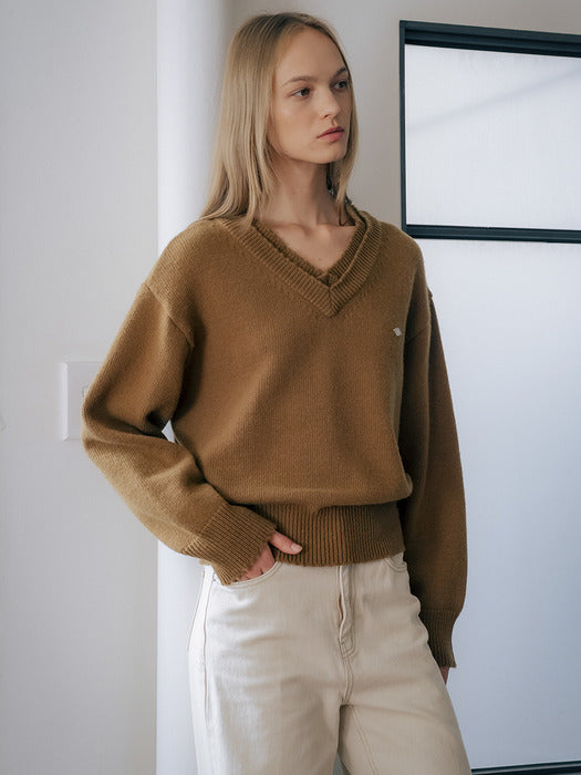 [TILLIDIE] Double rib v-neck wool blended knit_Brown
