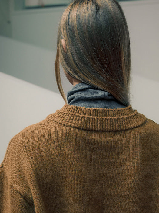 [TILLIDIE] Double rib v-neck wool blended knit_Brown