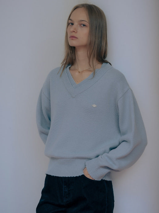 [TILLIDIE] Double rib v-neck wool blended knit_Sky blue