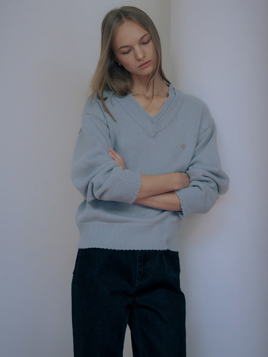 [TILLIDIE] Double rib v-neck wool blended knit_Sky blue