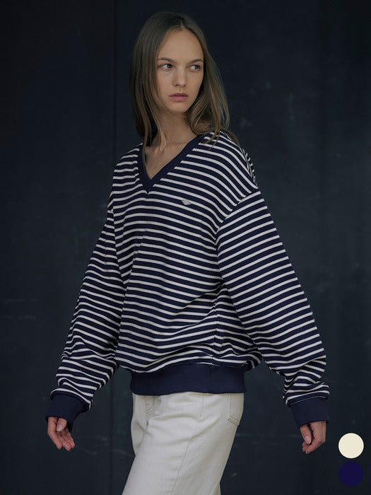 [TILLIDIE] Stripe V-neck fluff MTM [TIWT01LT13]_2color