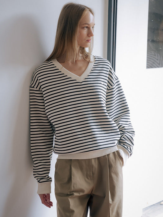 [TILLIDIE] Stripe V-neck fluff MTM [TIWT01LT13]_2color