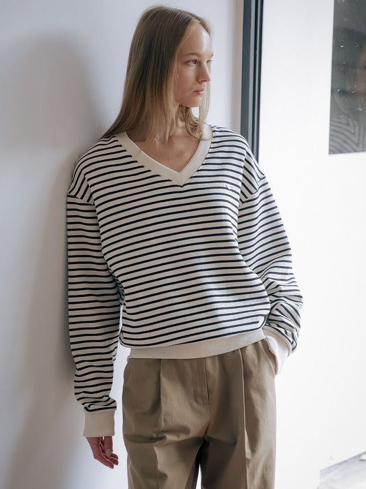 [TILLIDIE] Stripe V-neck fluff MTM TIWT01LT12_Ivory