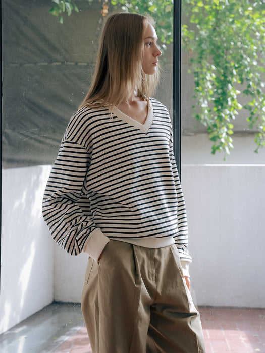 [TILLIDIE] Stripe V-neck fluff MTM TIWT01LT12_Ivory