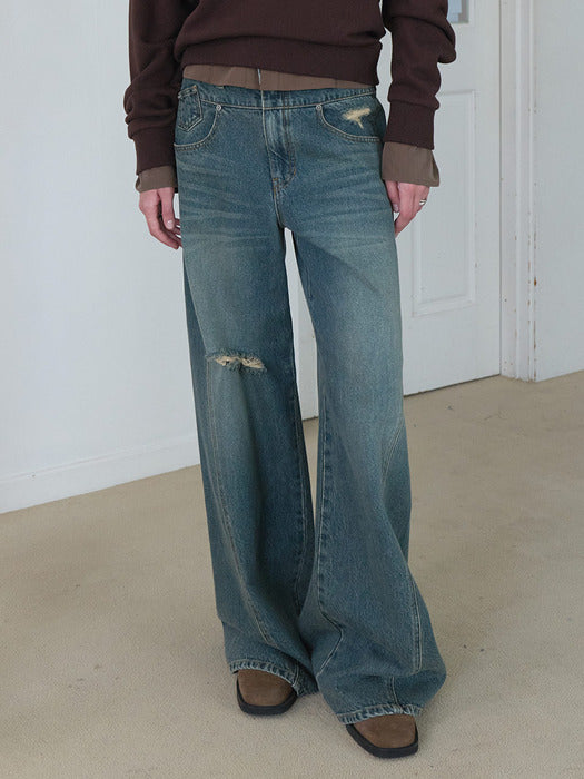 Raive Brush Washed Demage Denim Pants in Blue
