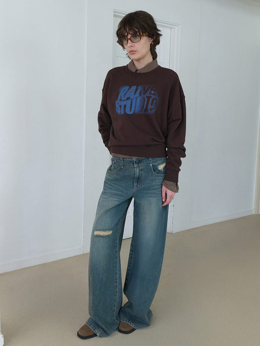 Raive Brush Washed Demage Denim Pants in Blue