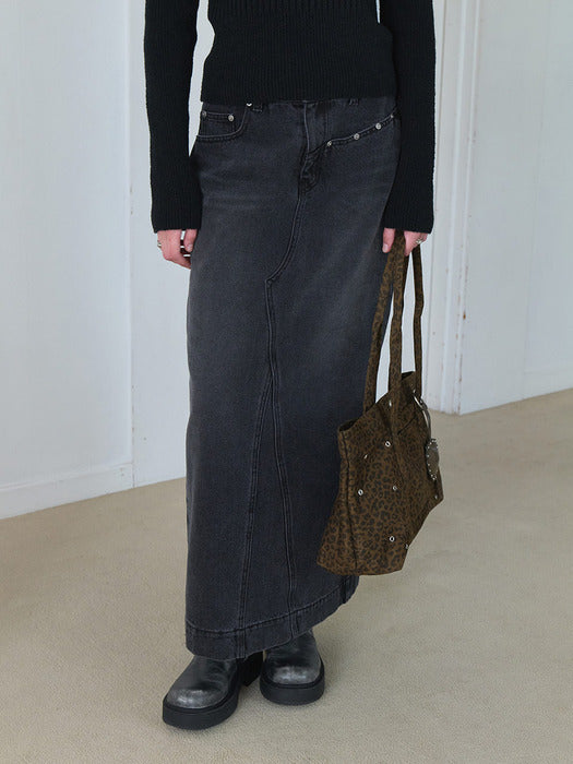 Raive Rivet detail Long Denim Skirt in Black