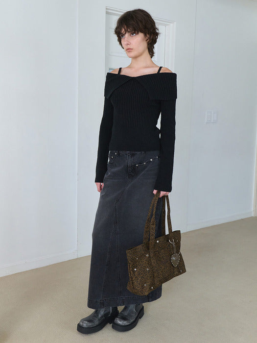 Raive Rivet detail Long Denim Skirt in Black