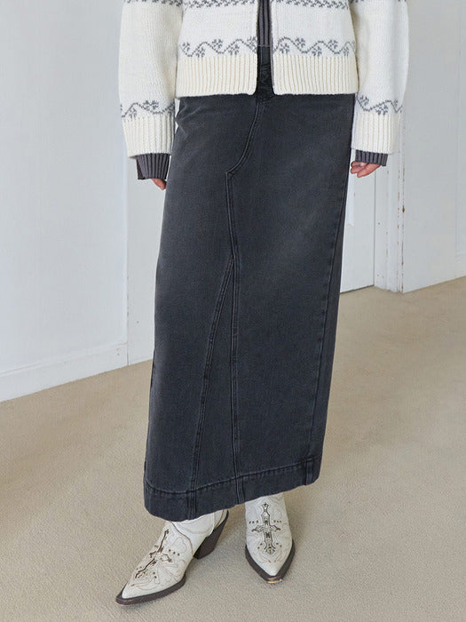 Raive Rivet detail Long Denim Skirt in Black