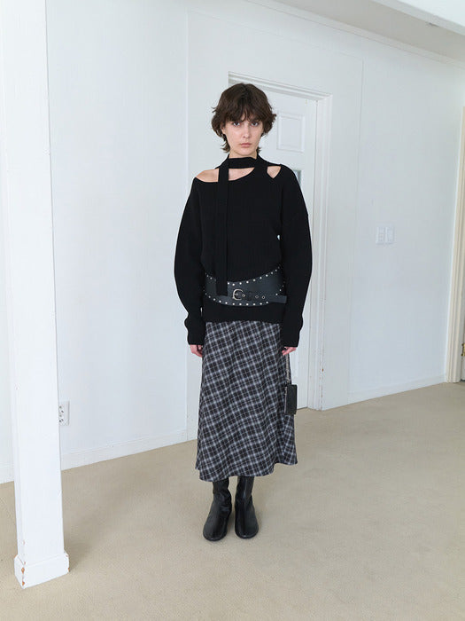 [raive] Vintage Check Long Skirt in Black VW5AS343-10