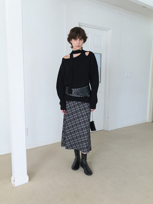 [raive] Vintage Check Long Skirt in Black VW5AS343-10