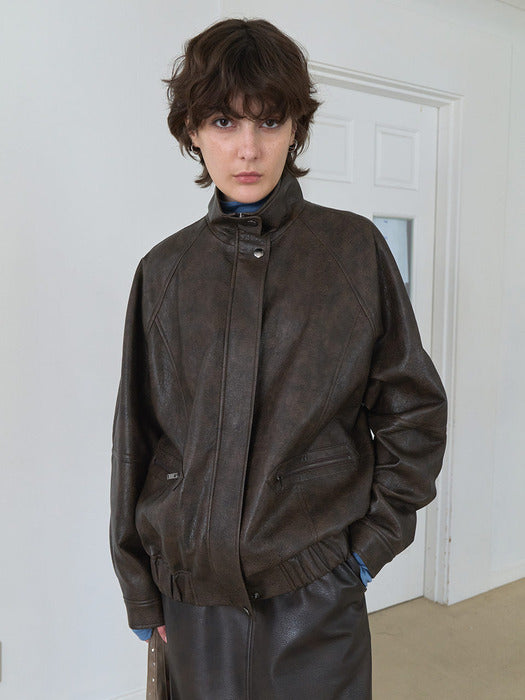 Raive (Size added) High-neck Leather Blouson Jacket Vl5Aj093