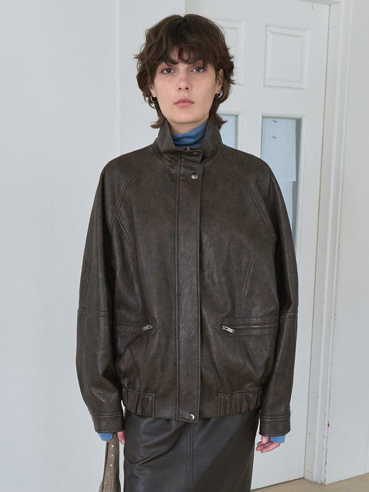 Raive (Size added) High-neck Leather Blouson Jacket Vl5Aj093