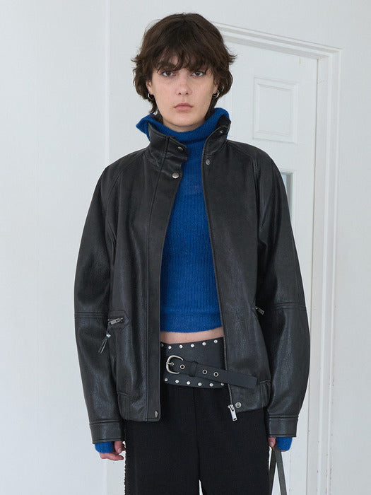 Raive (Size added) High-neck Leather Blouson Jacket Vl5Aj093