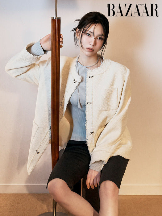 Raive (Size added) Trimmed Hook Midi Tweed Jacket