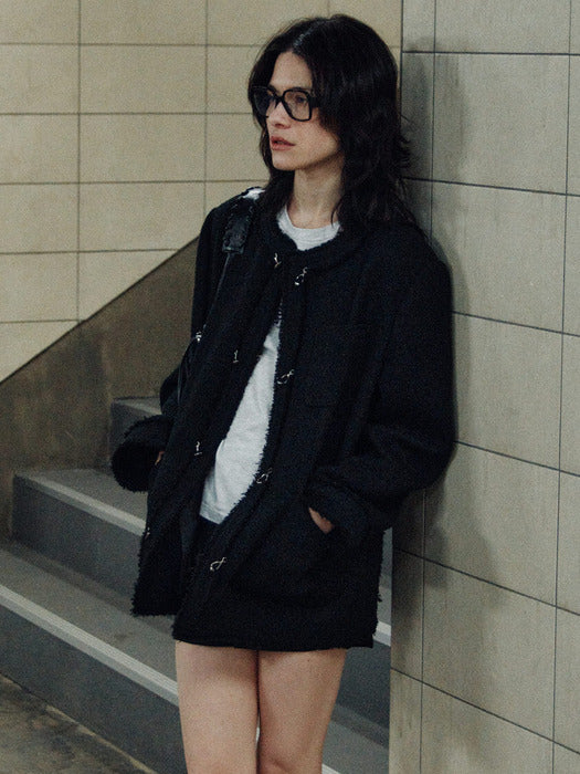 Raive (Size added) Trimmed Hook Midi Tweed Jacket