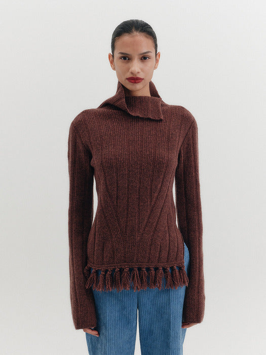 [EENK] Funnel Neck Knitwear Top - Melange Brown