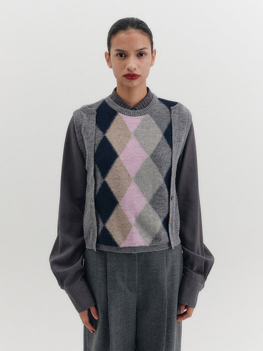 Eenk Argyle Round Neck Knitwear Top - Gray