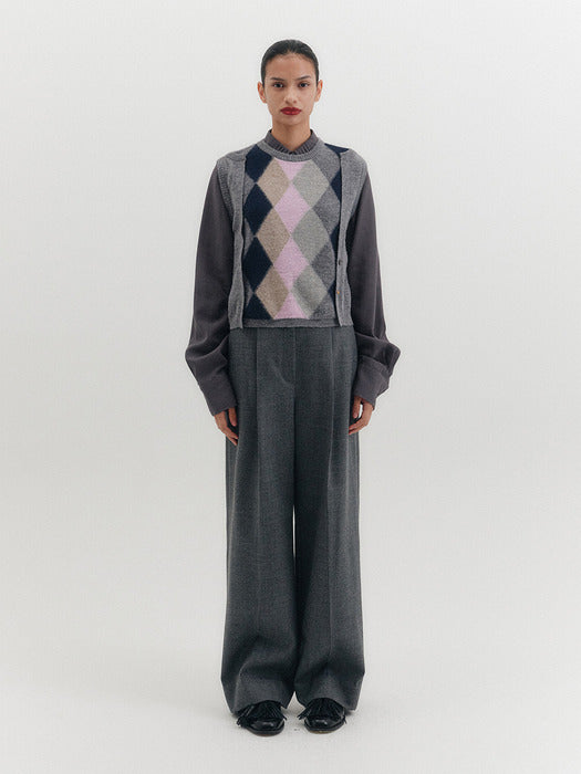 Eenk Argyle Round Neck Knitwear Top - Gray