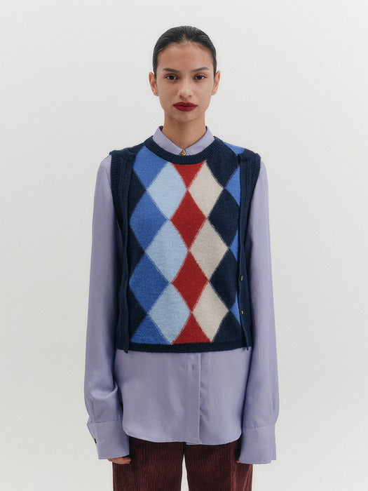 [EENK] Argyle Round Neck Knitwear Top - Navy