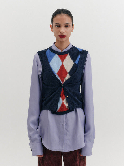 [EENK] Argyle Round Neck Knitwear Top - Navy