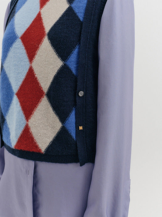 [EENK] Argyle Round Neck Knitwear Top - Navy