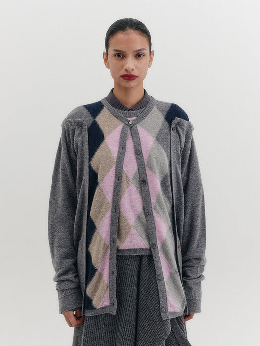 Eenk Argyle Multi-Way Cardigan - Gray