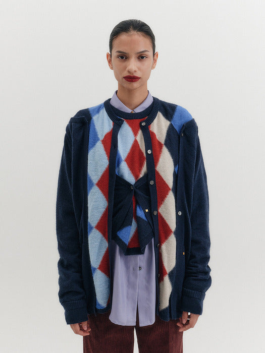 Eenk Argyle Multi-Way Cardigan - Navy