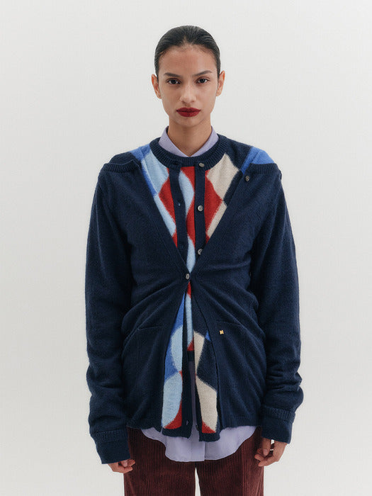 Eenk Argyle Multi-Way Cardigan - Navy